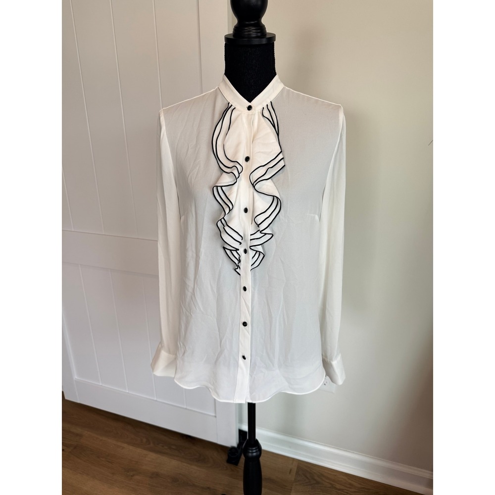 White House Black Market Ruffle Front Blouse Ivory Black Piping Size 8
